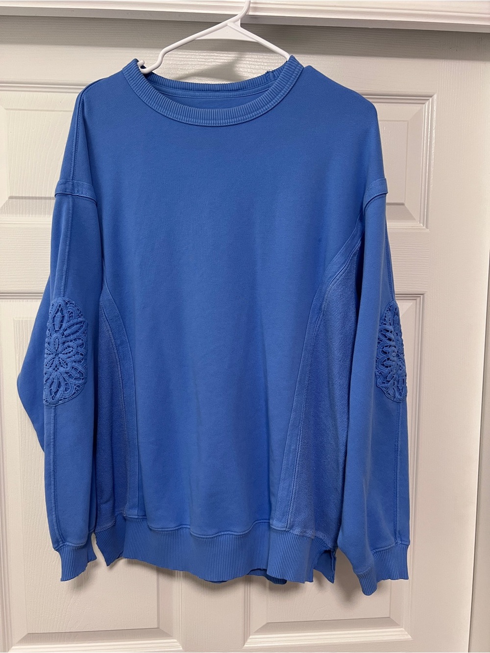 aerie Blue Crewneck Sweatshirt with Lace Elbow Patches